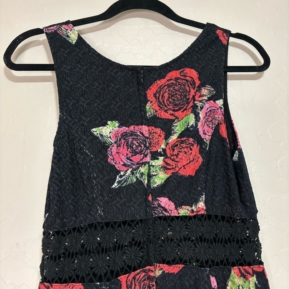 Free People Black Rose Print Fit and Flare Crocheted Daisy Cutout Waist Dress 4 - Picture 9 of 10